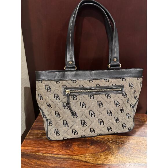 Dooney & Bourke Black Gray Canvas Double Top Handle Logo Satchel Bag - Picture 4 of 8